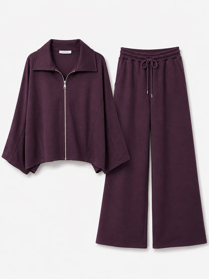 Aubergine dames set met vest en wijde broek