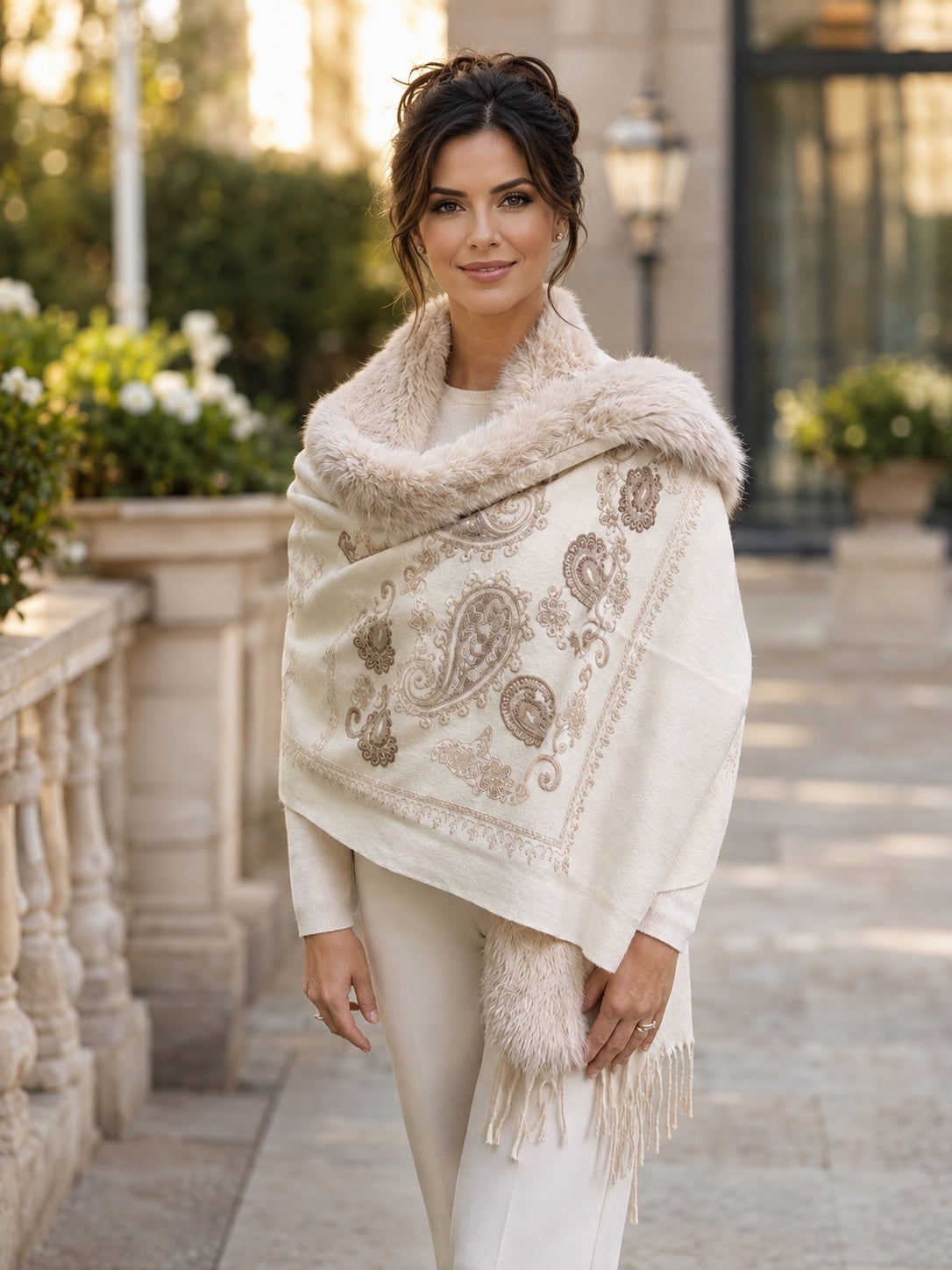 Crèmekleurige dames sjaal poncho met paisleyprint, franjes en zachte bontrand
