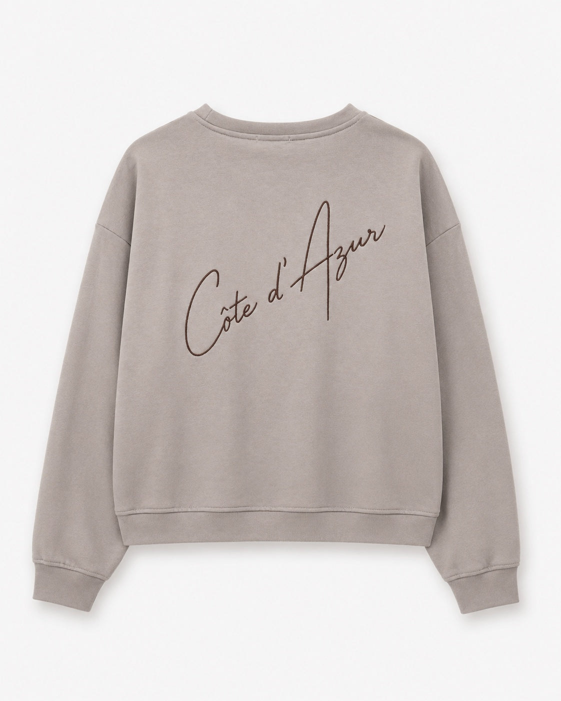 MOOIJ Sweater Celine Côte d'Azur beige achterkant met grote geborduurde tekst