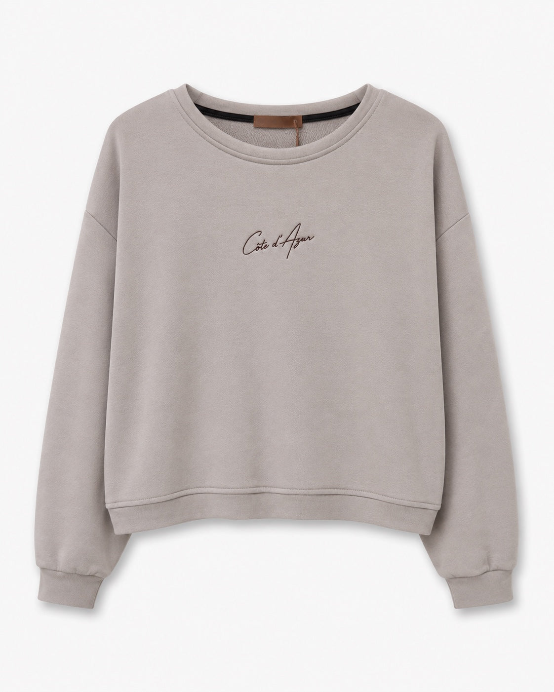 MOOIJ Sweater Celine Côte d'Azur beige voorkant met kleine geborduurde tekst