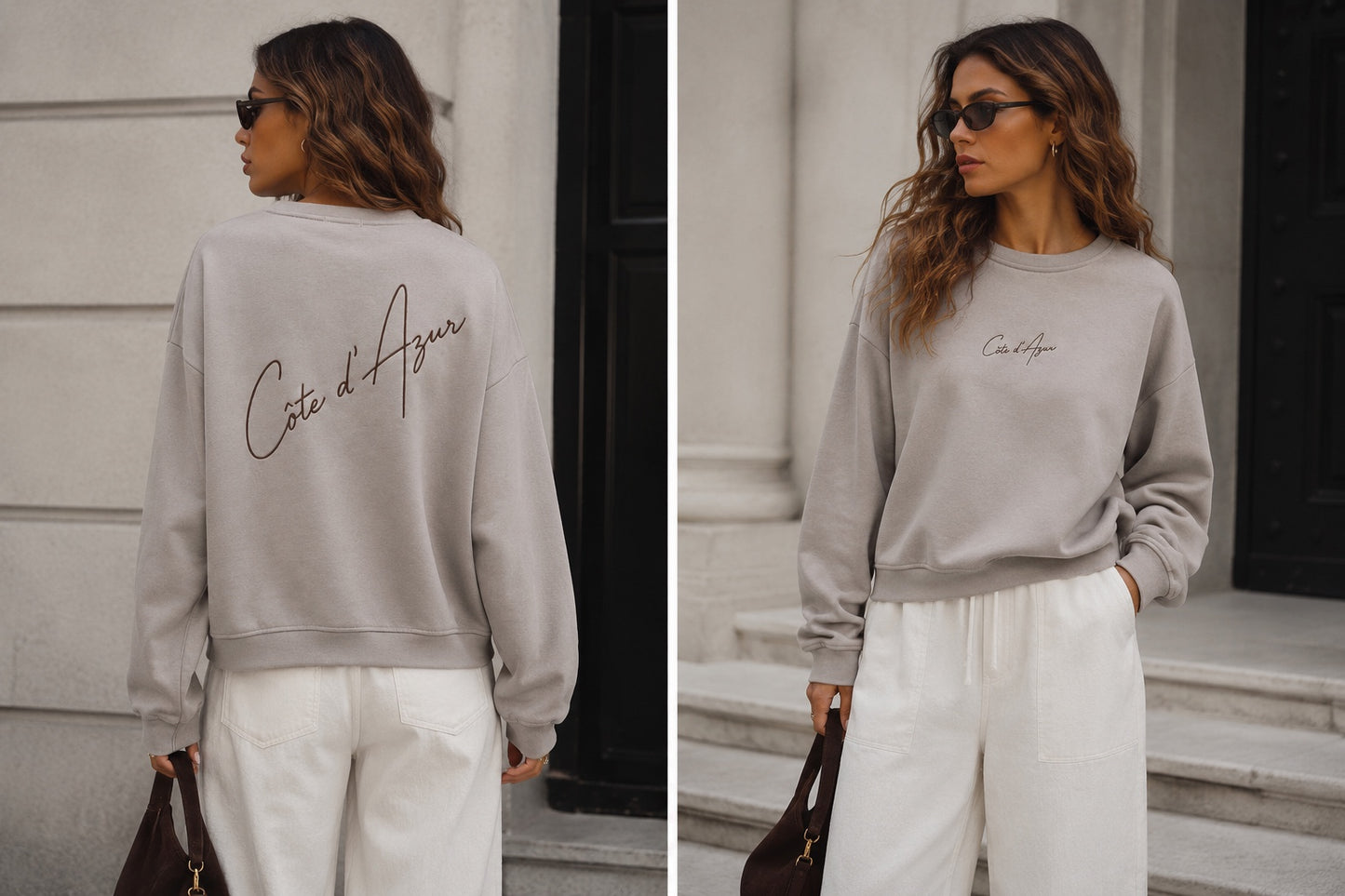 MOOIJ Sweater Celine Côte d'Azur beige gedragen voor- en achterkant