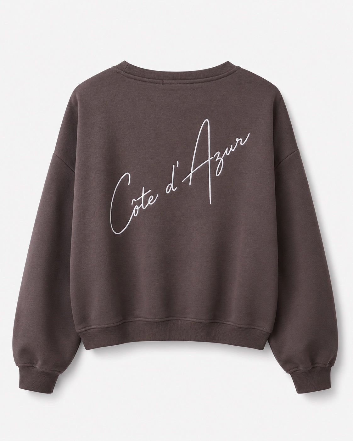 MOOIJ Sweater Celine Côte d'Azur chocobruin achterkant met grote geborduurde tekst