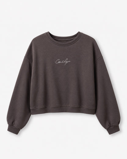 MOOIJ Sweater Celine Côte d'Azur chocobruin voorkant met kleine geborduurde tekst