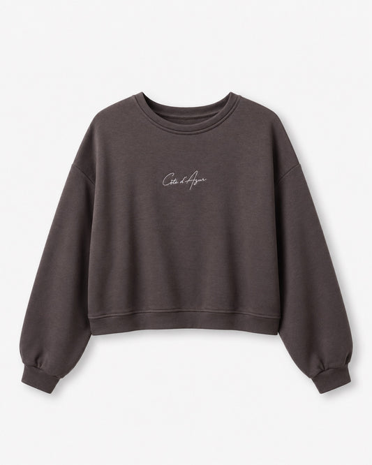 MOOIJ Sweater Celine Côte d'Azur chocobruin voorkant met kleine geborduurde tekst