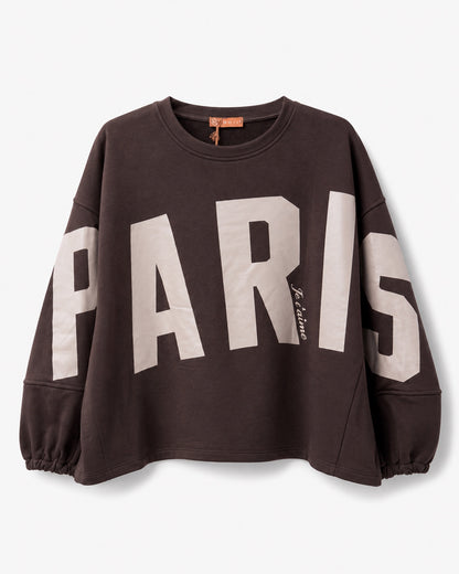 Mooij Paris sweater in chocobruin met lichte opdruk
