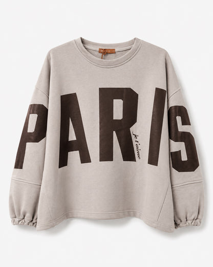 Mooij Paris sweater in taupe met donkerbruine opdruk
