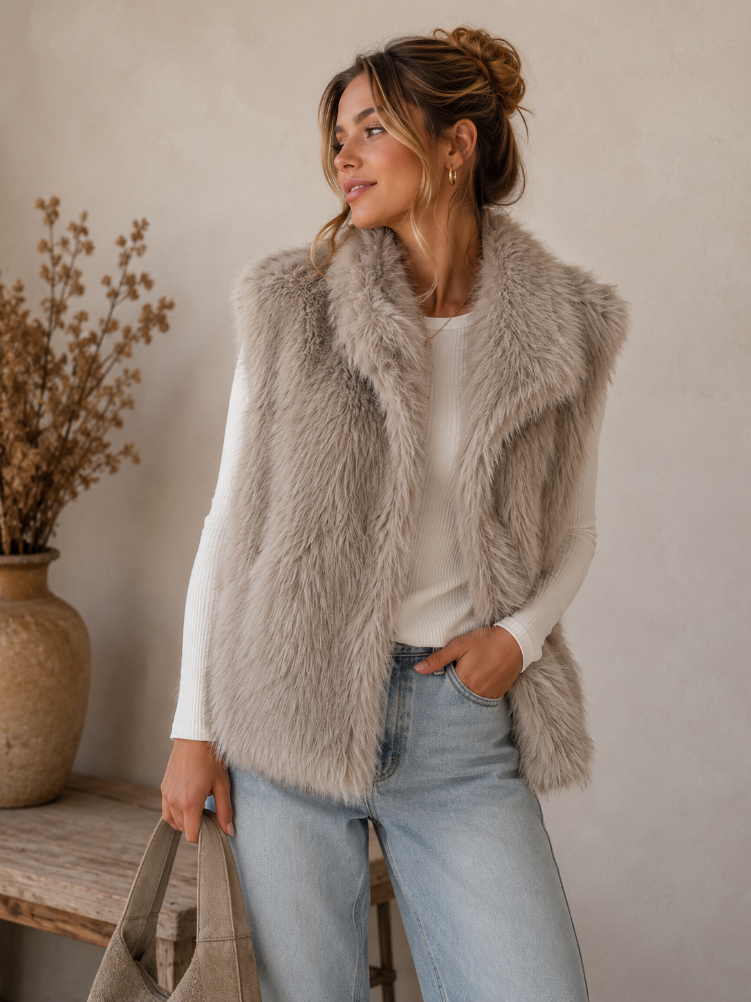teddy gilet, khaki 
